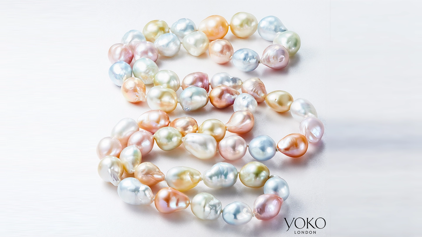 Cultured freshwater baroque pearls in pink, peach, blue, white Cultured freshwater baroque pearls in pink, peach, blue, white