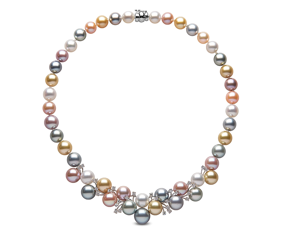 This colorful strand contains all four major cultured pearl types. Seen here are pink freshwater, white akoya, gray Tahitian and golden South Sea pearls that range from 9.5 – 12 mm. Courtesy: Yoko London @yokolondonpearls This colorful strand contains all four major cultured pearl types. Seen here are pink freshwater, white akoya, gray Tahitian and golden South Sea pearls that range from 9.5 – 12 mm. Courtesy: Yoko London @yokolondonpearls