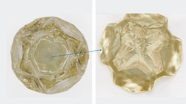 This 3.49 ct yellow diamond with a diameter of ~7 mm exhibits a unique shape due to a combination of growth and dissolution features. Right: Tetragonal etch pits suggesting dissolution on cubic faces of initial habit. Photos by Cristiano Ferraris.
