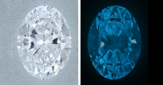 The 2.50 ct diamond under white LED lighting of 6500 K (left) and in a dark environment around 10 s after deep-UV excitation to showcase its phosphorescence (right). Photos by Nick “Ka Chun” Chan.