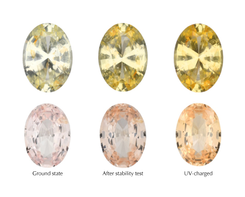 Any color-unstable sapphire will exhibit the behavior of gaining yellow or orange color during the stability test if starting from the ground state, such as this yellow sapphire (0.64 ct) and padparadscha sapphire (0.89 ct). The color produced from charging with a UV light is also shown. Photos by Diego Sanchez (top row) and Adriana Gudino (bottom row). Any color-unstable sapphire will exhibit the behavior of gaining yellow or orange color during the stability test if starting from the ground state, such as this yellow sapphire (0.64 ct) and padparadscha sapphire (0.89 ct). The color produced from charging with a UV light is also shown. Photos by Diego Sanchez (top row) and Adriana Gudino (bottom row).