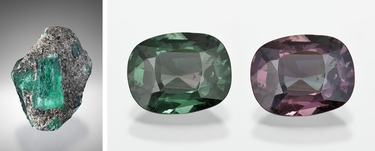 The Russian Ural Mountains host a number of gem deposits producing samples such as emerald (290 ct; left) and alexandrite (2.85 ct; right, shown in daylight equivalent and incandescent illumination). Photos by Robert Weldon; courtesy of R.T. Boyd Limited (left) and GIA’s Dr. Edward J. Gübelin collection (right).