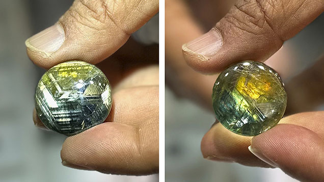 Figure 2. A gold sheen sapphire showing its yellow and blue color banding (left) and translucency with illumination from the back (right). Photos by Jennifer Stone-Sundberg; courtesy of Genuine Gems & Jewellery.