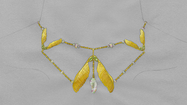 Catherine “Cathy” Aulick’s winning necklace design sketch for the 2025 Gianmaria Buccellati Foundation Award for Excellence in Jewelry Design, featuring gold, Ethiopian opal, and peridot. Catherine “Cathy” Aulick’s winning necklace design sketch for the 2025 Gianmaria Buccellati Foundation Award for Excellence in Jewelry Design, featuring gold, Ethiopian opal, and peridot.