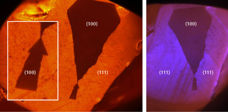 Figure 2. DiamondView images show a dark non-fluorescing region under a standard filter (left; inset shows an enlarged image of the arrow-shaped pattern) and surrounding natural growth patterns using a filter that reduced the NV-related fluorescence relative to other wavelengths (right). Images by Nick “Ka Chun” Chan.