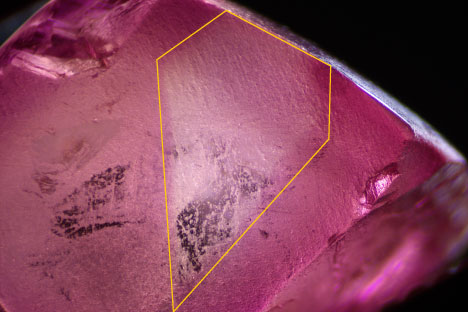 Figure 3. An uneven color distribution is observed under visible light with a distinct boundary resembling a profile view of an elongated diamond (outlined in yellow). Photomicrograph by Nick “Ka Chun” Chan; field of view 7.50 mm.
