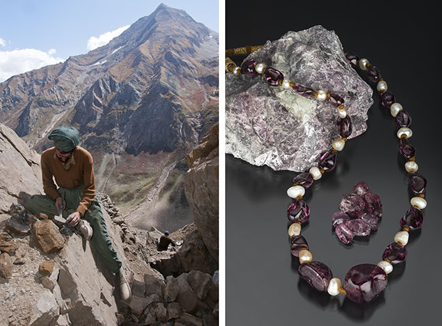 Figure 21. Left: Miners still work the ancient gem deposits in the mountains of Central Asia. Photo by Vincent Pardieu. Right: In the 1700s, spinel from Tajikistan and Afghanistan was the premier red gemstone, often mistaken for ruby. These gems were prized by royalty and valued for their exceptional size, brilliant color, and status as symbols of power and wealth throughout Asia and Europe. Photo by Emily Lane; courtesy of Edward Cleveland, KashmirBlue.