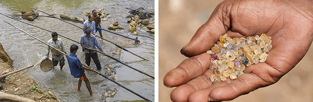 Figure 23. The island of Ceylon (now Sri Lanka) has been a significant source of gem sapphires and rubies since the third century BCE. Left: Miners today often rely on time-honored methods and tools, including the mammoty—a metal blade attached to a long wooden pole—to scrape away surface sand and overburden to scoop out the river gravels. Photo by Andy Lucas. Right: These gravels are washed and sorted to separate the gems. Photo by Vincent Pardieu.