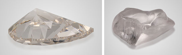 Figure 1. The 5.22 ct very light pinkish brown pear brilliant diamond (left) and the originally submitted 11.07 ct rough (right).