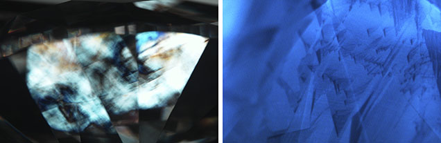 Figure 3. Left: Mottled strain patterns with high interference colors observed under cross-polarized light. Photomicrograph by Christopher Vendrell; field of view 7.19 mm. Right: DiamondView fluorescence image showing crystal growth patterns and the blue color commonly observed in type IaAB diamonds.