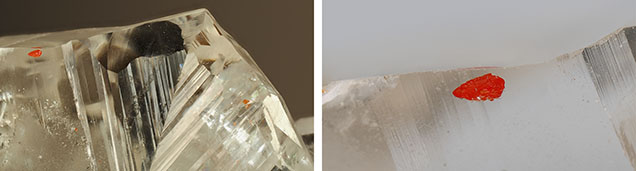 Left: Contact-twinned calcite host with scattered red realgar inclusions. Right: A closer view of one of the vivid inclusions. Photomicrographs by Wingtak Lui; fields of view 12 mm (left) and 3.2 mm (right).