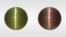 Alexandrite cabochon in fluorescent (left) and incandescent light (right).
