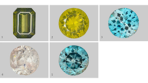 Five zircon samples studied for radioactive degradation of crystal structure. Five zircon samples studied for radioactive degradation of crystal structure.