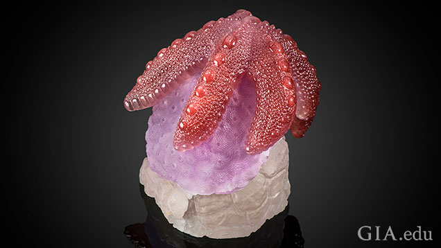 A pink starfish sits on top of a piece of coral.