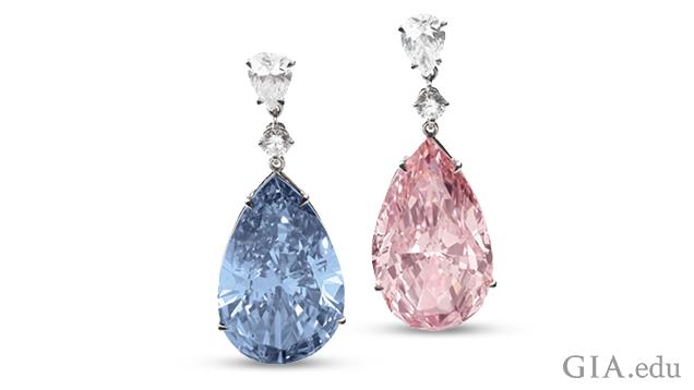 Sotheby’s May 16 Geneva auction featured the Apollo Blue (14.54 cts) and Artemis Pink (16 cts) as an earring set. The pair drew a total of $57 million – $42.1 million ($2.9 million per carat) for the Fancy Vivid blue and $15.3 million ($958,000 per ca