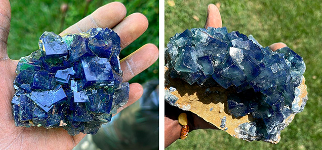 Figure 1. Fluorite specimens from the Jalingo mine in northeastern Nigeria shown in sunlight displaying violetish blue color (left) and obvious color zoning (right). Courtesy of Jigga Collins. Figure 1. Fluorite specimens from the Jalingo mine in northeastern Nigeria shown in sunlight displaying violetish blue color (left) and obvious color zoning (right). Courtesy of Jigga Collins.