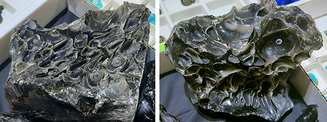 Figure 1. Left: Oriented degassing bubbles in obsidian “quenched” during the cooling process. Right: The vesicles varied in size and shape and were separated by extremely thin and sharp septa. Photos by Cristiano Brigida; courtesy of Bojo Jewelry & Minerals. Figure 1. Left: Oriented degassing bubbles in obsidian “quenched” during the cooling process. Right: The vesicles varied in size and shape and were separated by extremely thin and sharp septa. Photos by Cristiano Brigida; courtesy of Bojo Jewelry & Minerals.