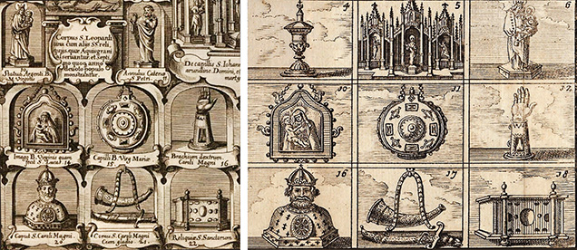 Details of two engravings representing the treasury of Aachen Cathedral.