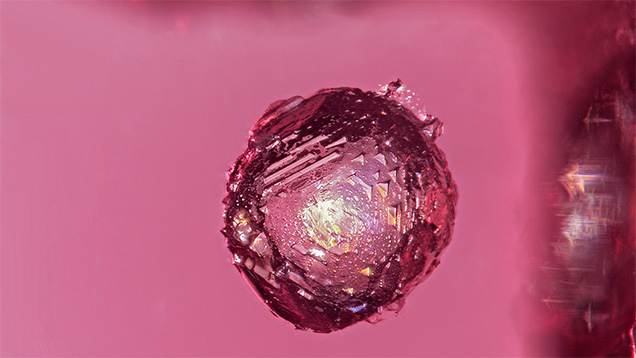 Small trigons and a rough surface texture seen on a chondrodite crystal.