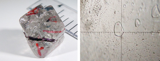 An octahedral diamond crystal with silicate melt inclusions in healed fractures.