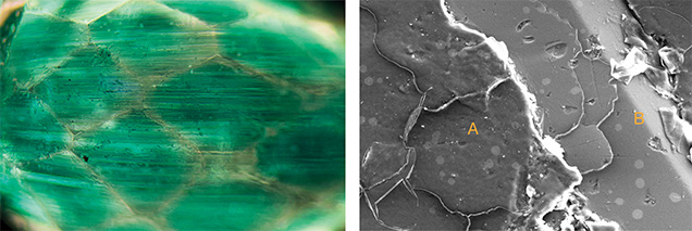 Left: The concentrated green areas of the coating are seen using magnification with diffused illumination. Right: An SEM image from the specimen.