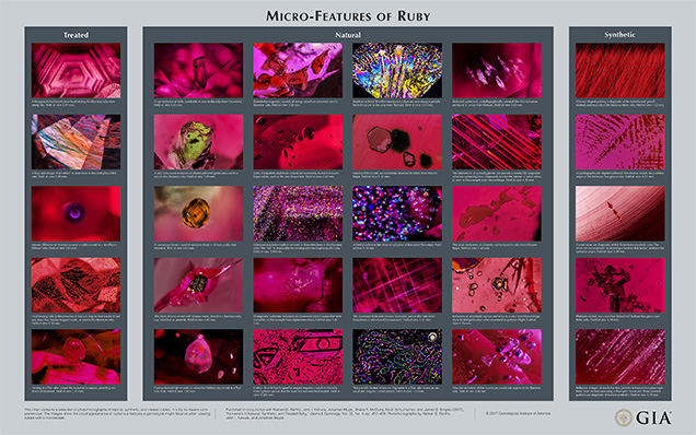 This chart contains a selection of photomicrographs of natural, synthetic, and treated rubies. It is by no means comprehensive. The images show the visual appearance of numerous features a gemologist might observe when viewing rubies with a microscope. Photomicrographs by Nathan D. Renfro, John I. Koivula, and Jonathan Muyal.