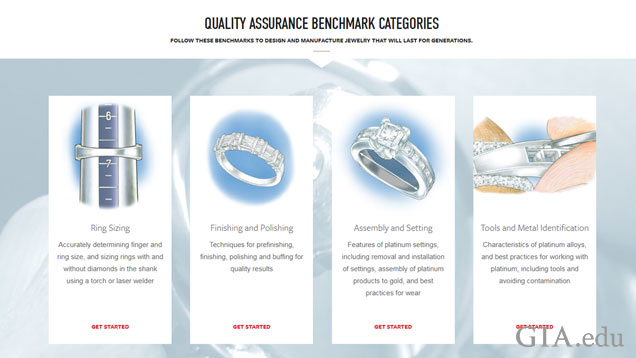 QAB module screen shot shows four categories of QABs and an image that represents each: ring sizing (a ring on a metal column ring sizer), finishing (a ring with princess and round cut diamonds)and polishing, assembling and setting (an engagement ring), 