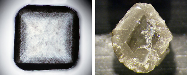 Two examples of fibrous diamonds, which often form as imperfect cube-shaped crystals.