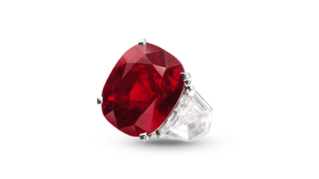 The 25.59 ct. Sunrise Ruby, set in a ring by Cartier, drew a price of $30.3 million at Sotheby’s Geneva sale; the highest price ever paid for a ruby at auction and the highest per-carat price (nearly $1.2 million) ever paid for a ruby. Courtesy of Sotheby’s.