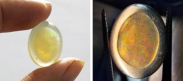 Figure 1. An 11.68 ct treated phantom opal in which the phantom structure appeared during experiments with various solutions. The sample is shown under daylight through the dome (left) and under halogen lighting through the bottom (right). Photos by Le Ngoc Nang.