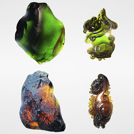 Figure 1. The deep colors of green and brown augite from Dong Nai, observed in transmitted light. Top: The 9.78 g rough on the left yielded a 24.20 ct carving (24.99 mm in height). Bottom: The 11.22 g rough on the left yielded a 56.10 ct carving (36.50 mm in height). Photos by Le Ngoc Nang.