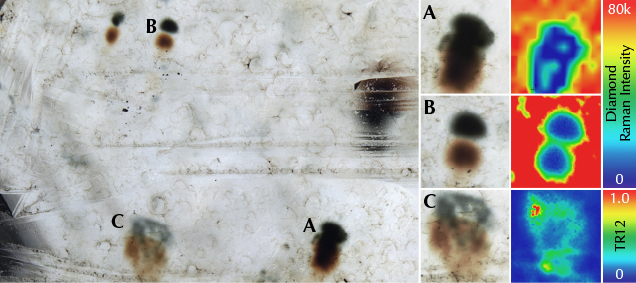 Several radiation stains in the 4.05 ct diamond and details of their PL mapping.