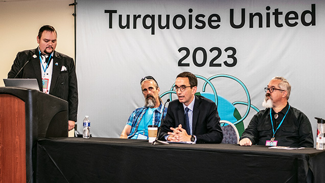 Figure 1. From left: Jacob Lowry, Sean Hyrons, Matthew Wernz, and Kenneth Van Wey engage in a panel discussion titled “Laws: Liabilities and Protections.” Photo courtesy of the Turquoise Museum.