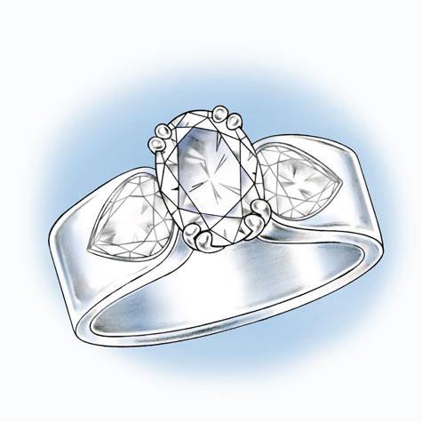 	Perspective view of an oval solitaire with large, pear-shaped diamonds set in the wide shank