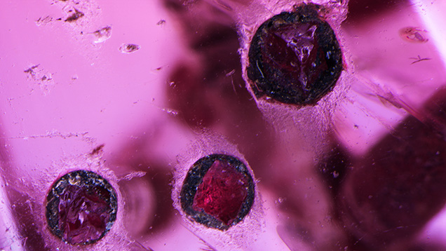 Ruby is visible in the drill holes using diffuse transmitted light and oblique fiber-optic illumination.