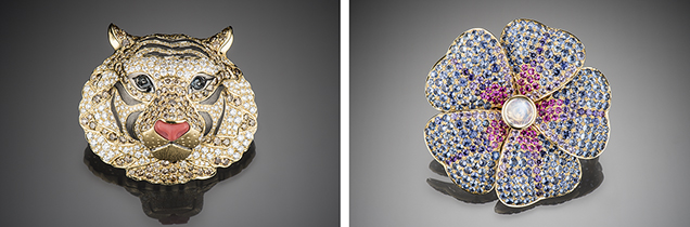 Flora and fauna brooches by Paula Crevoshay