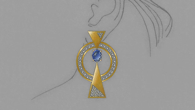 2021 年 Gianmaria Buccellati Foundation Award for Excellence in Jewelry Design（吉安马里亚·布契拉提基金会珠宝设计卓越奖）的获奖设计由加州卡尔斯巴德 GIA 珠宝设计课程毕业生 Meghan Simmons（梅根·西蒙斯）创作。此设计饰以黄金、钻石和蓝色蓝宝石。