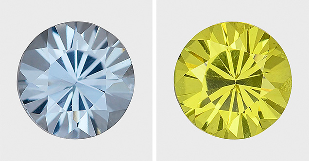 Synthetic sapphire before (left) and after (right) exposure to short-wave ultraviolet radiation. Photos by Jian Xin (Jae) Liao (left) and Annie Haynes (right).