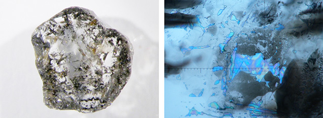 A polished diamond slice with healed fractures and fluid inclusions.