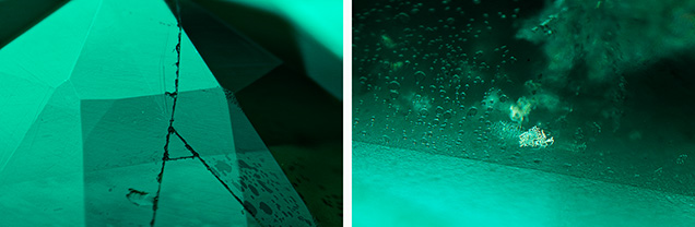 Glass sections (left) and beryl core (right) of assemblage.
