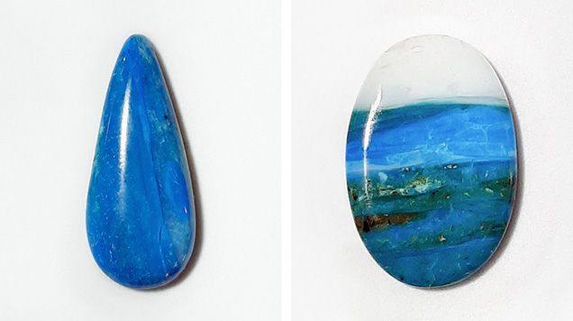 Figure 1. Left: A polished Chilean blue opal pear-shaped cabochon displaying a uniform and strongly saturated medium blue color and a greasy luster. Right: An oval cabochon representative of the typical color palette and banding, varying from bluish green to slightly greenish blue and pure white, which produces a “seascape” image. Photos by Cristiano Brigida; courtesy of Chilean Rocks and Minerals.
