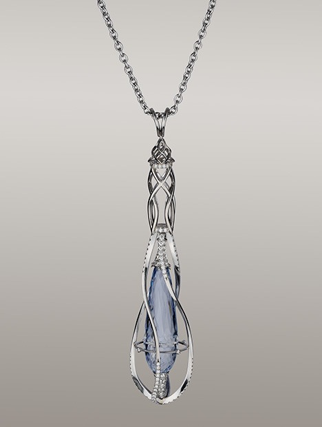 Jeffrey Bilgore pendant inspired by The Lord of the Rings, featuring blue sapphire and diamonds.