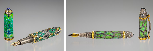 Figure 1. These handcrafted jewelry pens are created with silver, embellished with 24K gold, and inlaid with diamond, sapphire, and crushed emerald. Left: The peacock design is a miniature painting coated in clear enamel. Right: A pen with fine metal engraving and dimming just below the 24K gold nib. Photo by Robert Weldon; courtesy of Zeki Karaca.