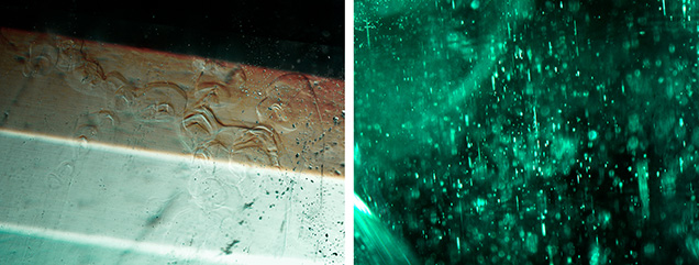 Brazilian emerald displaying the gota de aceite-like effect (left) and raindrop-like needles and tubes (right).