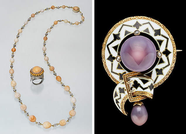 Figure 3. Left: Cassis pearl necklace and convertible ring/brooch designed by Jim Grahl. Right: “Golash” brooch featuring fine quahog pearls. Photos by Robert Weldon; courtesy of the Somewhere in the Rainbow collection. Figure 3. Left: Cassis pearl necklace and convertible ring/brooch designed by Jim Grahl. Right: “Golash” brooch featuring fine quahog pearls. Photos by Robert Weldon; courtesy of the Somewhere in the Rainbow collection.