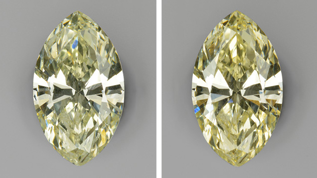 Chameleon diamond before and after heating Chameleon diamond before and after heating