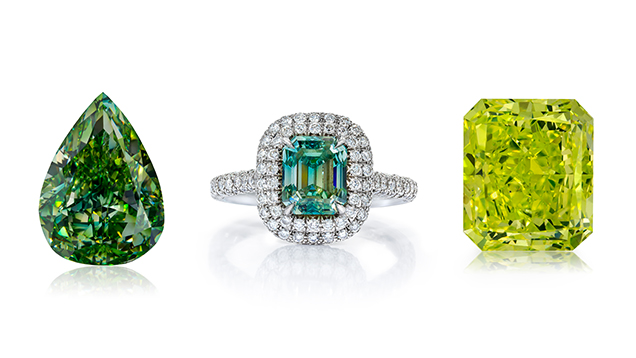 Green diamonds in rings. Green diamonds in rings.