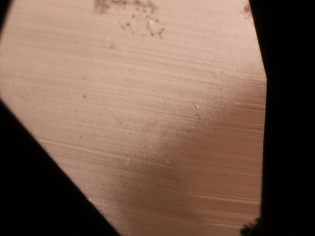 This upper portion of a pavilion facet, examined in reflected light, shows a much higher luster than the lower, uncoated portion. Photomicrograph by Nathan Renfro; field of view 1.22 mm.