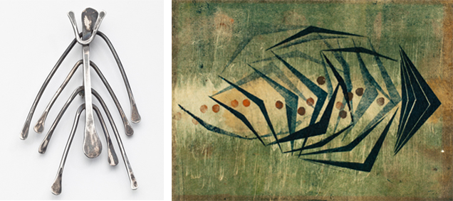 “Fishbone” pendant and related monotype.