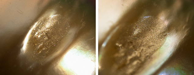 “Glittery” surface material masks surface blemishes of the pearls.